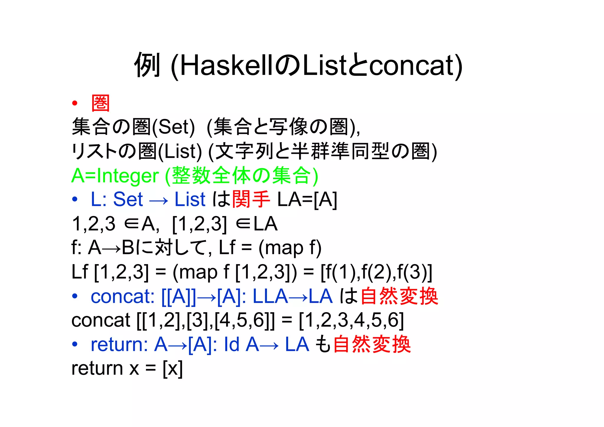 例 (HaskellのListとconcat)
•  圏
集合の圏(Set) (集合と写像の圏),
リストの圏(List) (文字列と半群準同型の圏)
A=Integer (整数全体の集合)
•  L: Set → List は関手 LA=[A]
1,2,3 ∈A, [1,2,3] ∈LA
f: A→Bに対して, Lf = (map f)
Lf [1,2,3] = (map f [1,2,3]) = [f(1),f(2),f(3)]
•  concat: [[A]]→[A]: LLA→LA は自然変換
concat [[1,2],[3],[4,5,6]] = [1,2,3,4,5,6]
•  return: A→[A]: Id A→ LA も自然変換
return x = [x]
 
