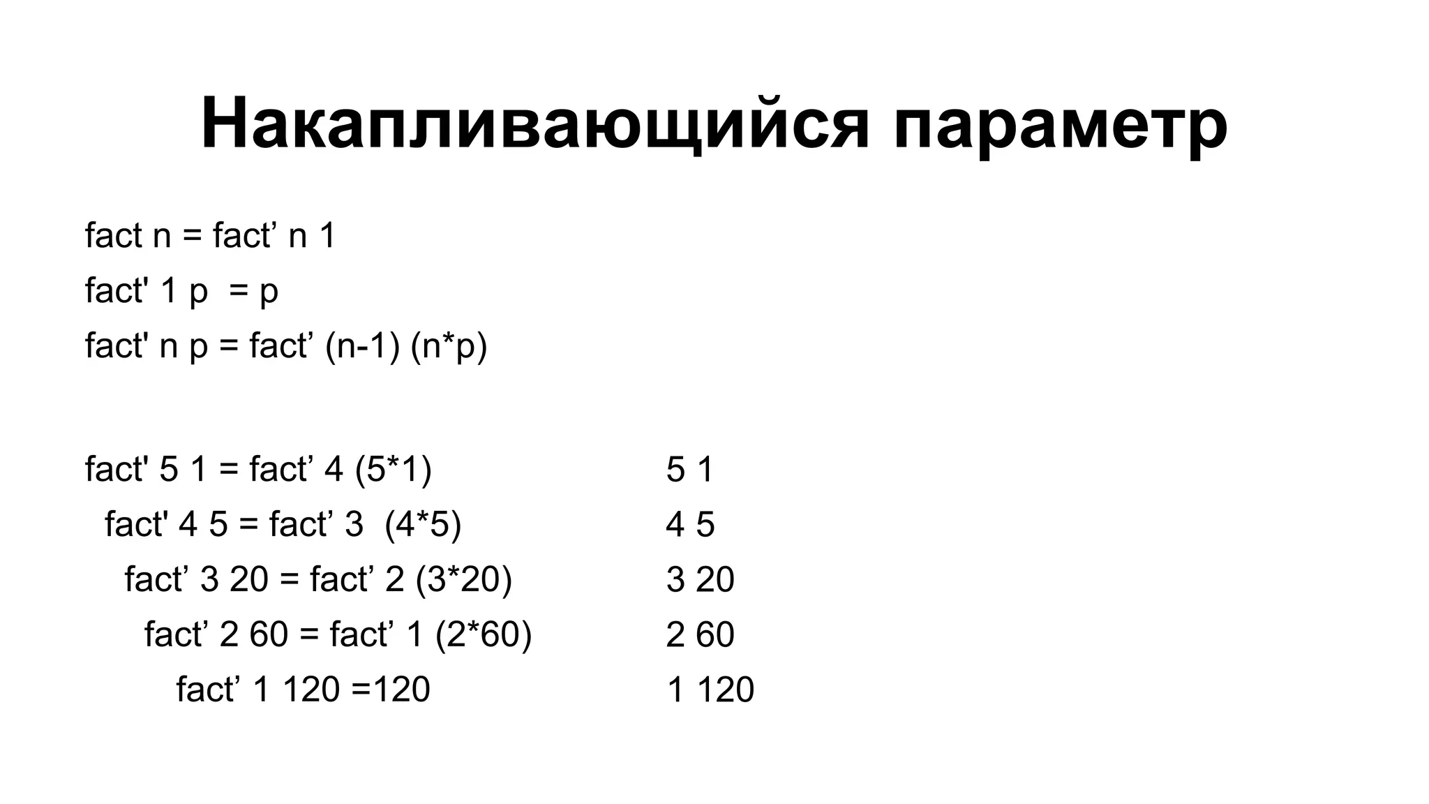 Накапливающийся параметр
fact n = fact’ n 1
fact' 1 p = p
fact' n p = fact’ (n-1) (n*p)

fact' 5 1 = fact’ 4 (5*1)
fact' 4 5 = fact’ 3 (4*5)
fact’ 3 20 = fact’ 2 (3*20)
fact’ 2 60 = fact’ 1 (2*60)
fact’ 1 120 =120

51
45
3 20
2 60
1 120

 