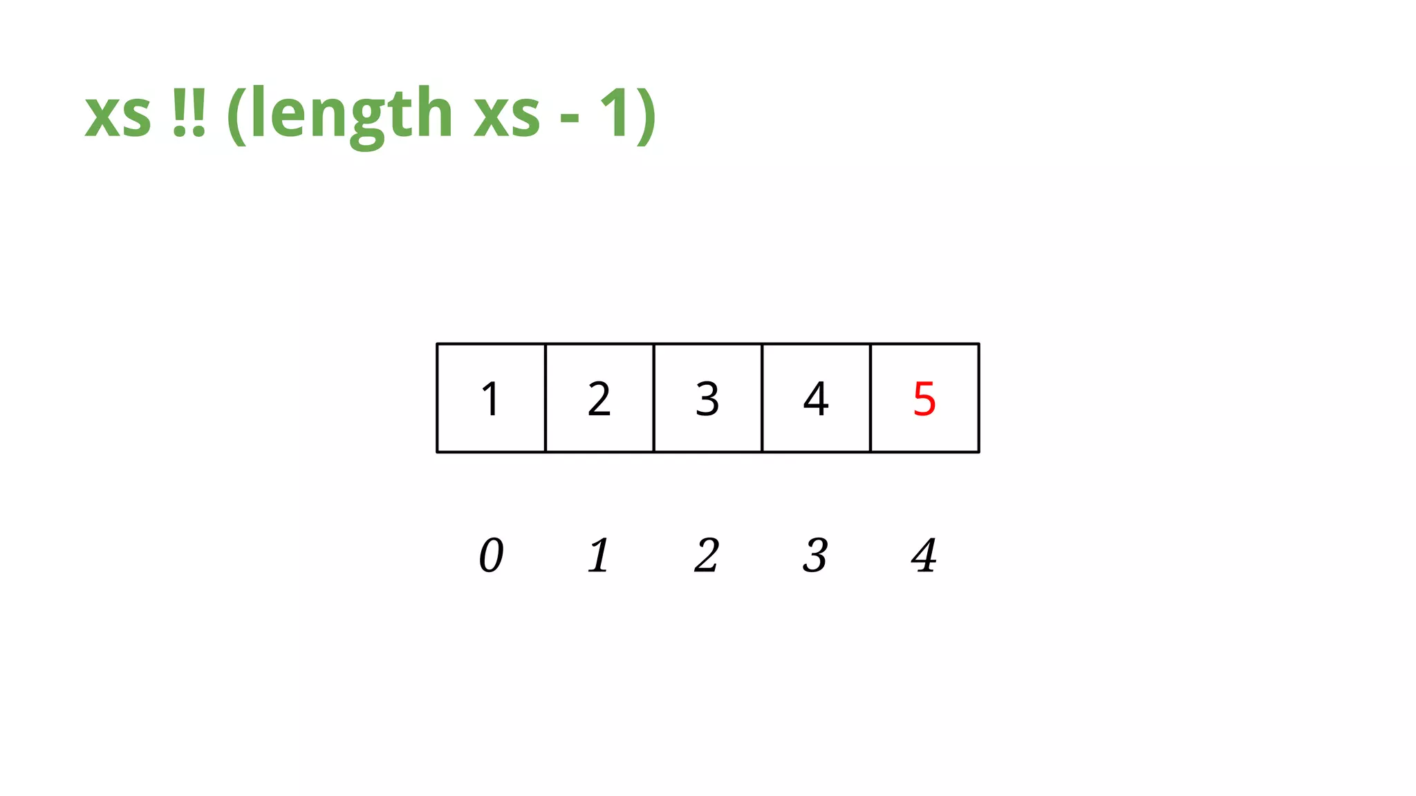 xs !! (length xs - 1) 
1 2 3 4 5 
0 1 2 3 4 
 