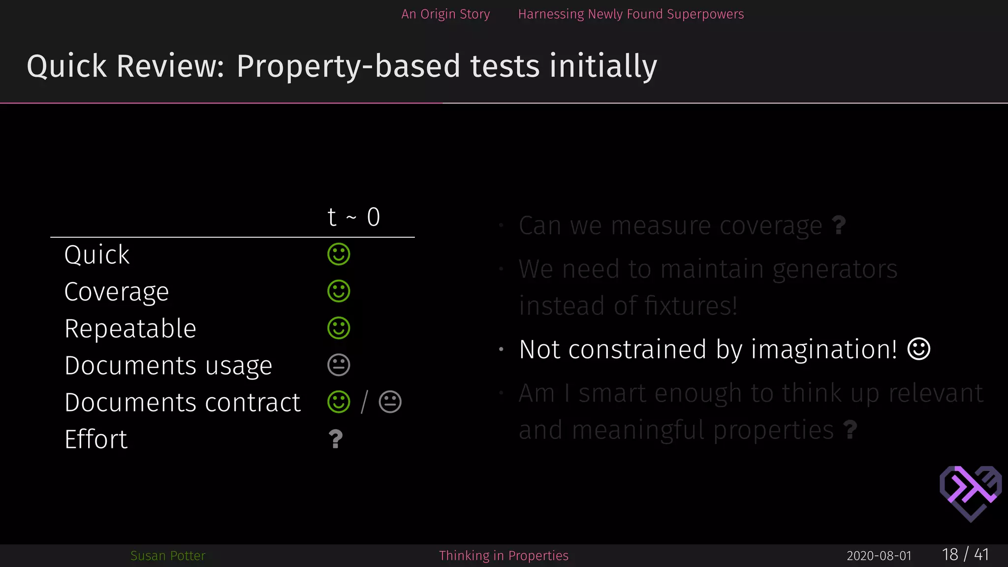 An Origin Story Harnessing Newly Found Superpowers
Quick Review: Property-based tests initially
t ~ 0
Quick ⌣
Coverage ⌣
Repeatable ⌣
Documents usage 
Documents contract ⌣ / 
Effort ?
• Can we measure coverage ?
• We need to maintain generators
instead of ﬁxtures!
• Not constrained by imagination! ⌣
• Am I smart enough to think up relevant
and meaningful properties ?
Susan Potter Thinking in Properties 2020-08-01 18 / 41
 
