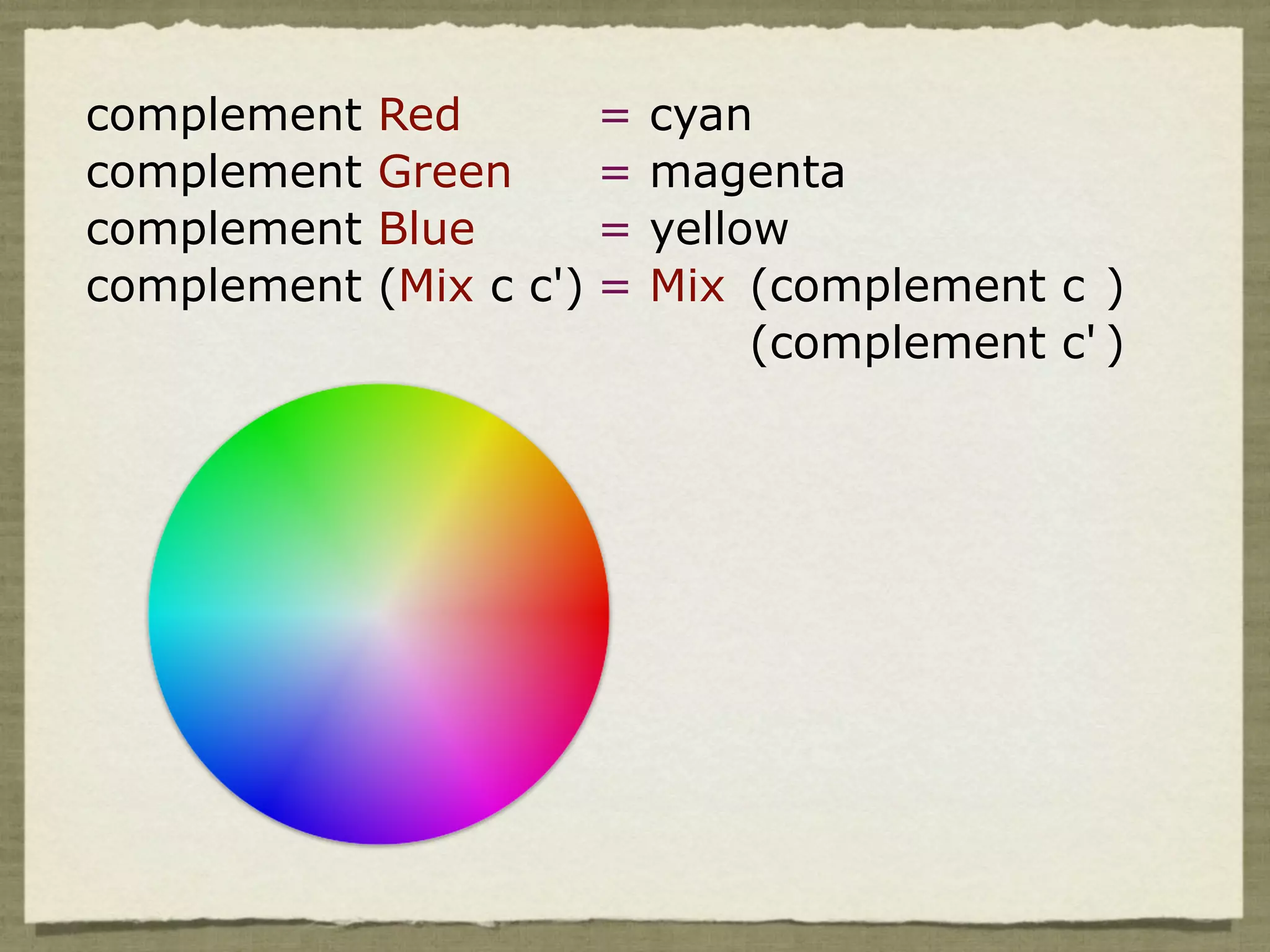 complement   Red        =   cyan
complement   Green      =   magenta
complement   Blue       =   yellow
complement   (Mix c c') =   Mix (complement c )
                                 (complement c' )
 