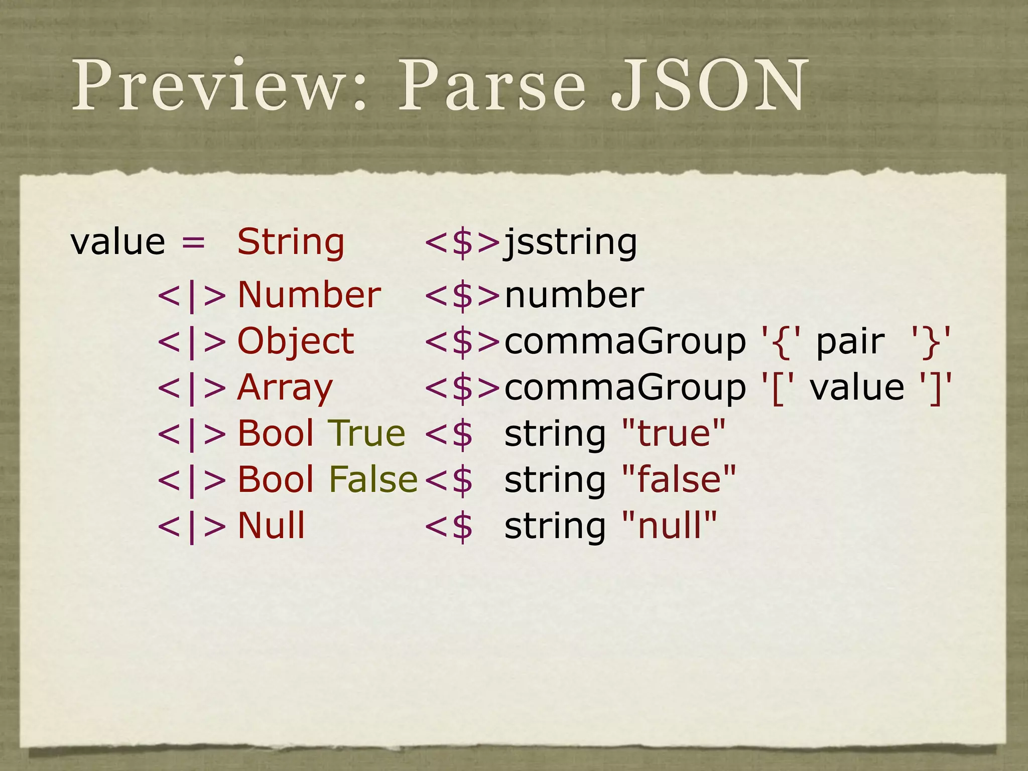 Preview: Parse JSON

value = String     <$>jsstring
    <|> Number <$>number
    <|> Object     <$>commaGroup '{' pair '}'
    <|> Array      <$>commaGroup '[' value ']'
    <|> Bool True <$ string "true"
    <|> Bool False <$ string "false"
    <|> Null       <$ string "null"
 