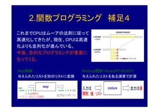 2.関数プログラミング 補足４
これまでCPUはムーアの法則に従って
高速化してきたが、現在、CPUは高速
化よりも並列化が進んでいる。
今後、並列化プログラミングが重要に
なってくる。

Map関数               Reduce関数（Haskellではfold?)
与えられたリストを別のリストに変換   与えられたリストをある演算で計算
 
