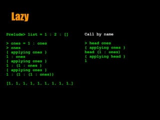 Lazy
Prelude> list = 1 : 2 : []
> ones = 1 : ones
> ones
{ applying ones }
1 : ones
{ applying ones }
1 : (1 : ones )
{ applying ones }
1 : (1 : (1 : ones))
[1, 1, 1, 1, 1, 1, 1, 1, 1…]
Call by name
> head ones
{ applying ones }
head (1 : ones) 
{ applying head }
1
 