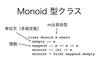 Monoid 型クラス
class Monoid m where
mempty :: m
mappend :: m -> m -> m
mconcat :: [m] -> m
mconcat = foldr mappend mempty
mは具体型
単位元（多相定数）
関数
 
