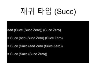 재귀 타입 (Succ)
add (Succ (Succ Zero)) (Succ Zero)
= Succ (add (Succ Zero) (Succ Zero)
= Succ (Succ (add Zero (Succ Zero))
= Succ (Succ (Succ Zero))
 