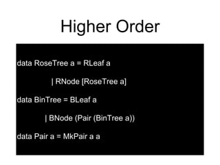 Higher Order
data RoseTree a = RLeaf a
| RNode [RoseTree a]
data BinTree = BLeaf a
| BNode (Pair (BinTree a))
data Pair a = MkPair a a
 