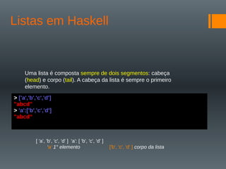 Listas em Haskell
Uma lista é composta sempre de dois segmentos: cabeça
(head) e corpo (tail). A cabeça da lista é sempre o primeiro
elemento.
[ 'a', 'b', 'c', 'd' ] 'a': [ 'b', 'c', 'd' ]
‘a’ 1° elemento ['b', 'c', 'd' ] corpo da lista
> ['a','b','c','d']
"abcd"
> 'a':['b','c','d']
"abcd“
 
