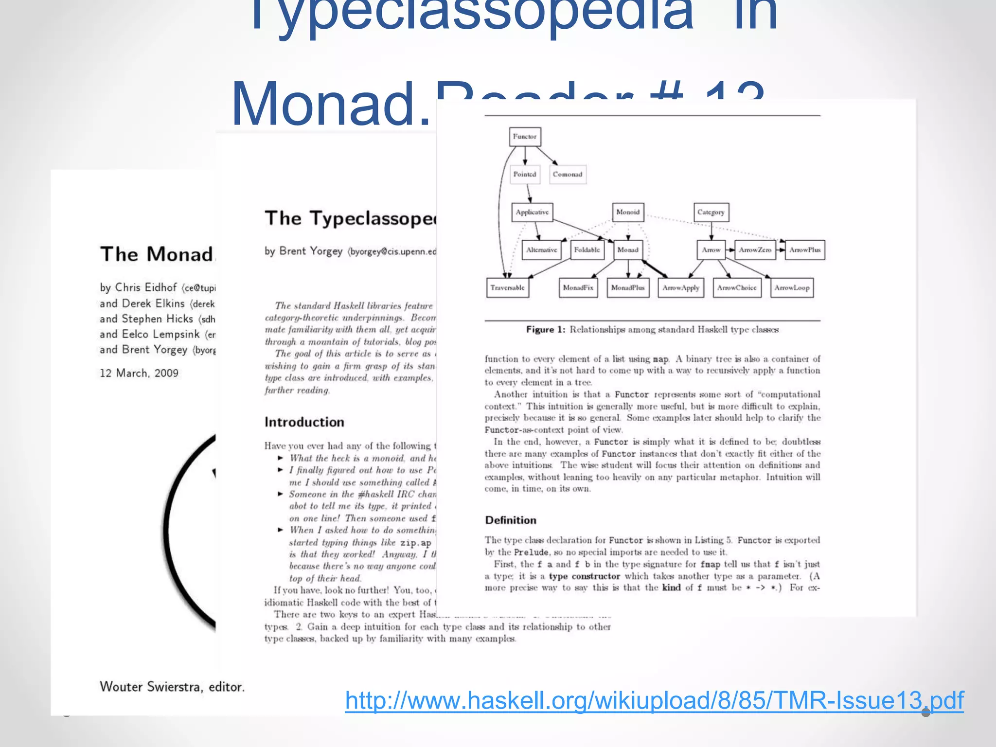 “Typeclassopedia” in
Monad.Reader # 13
http://www.haskell.org/wikiupload/8/85/TMR-Issue13.pdf
 