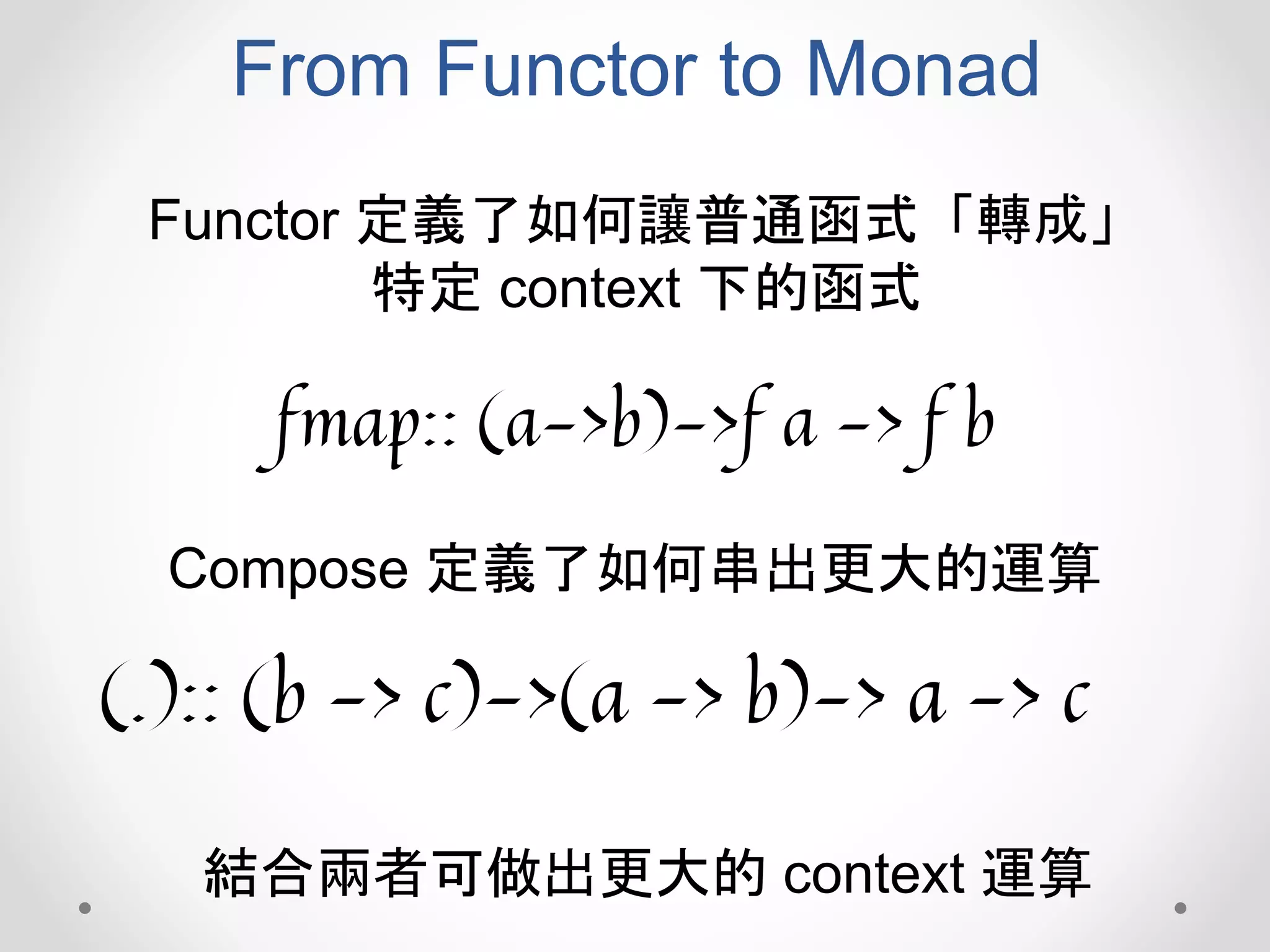 From Functor to Monad
Functor 定義了如何讓普通函式「轉成」
特定 context 下的函式
fmap:: (a->b)->f a -> f b
(.):: (b -> c)->(a -> b)-> a -> c
Compose 定義了如何串出更大的運算
結合兩者可做出更大的 context 運算
 