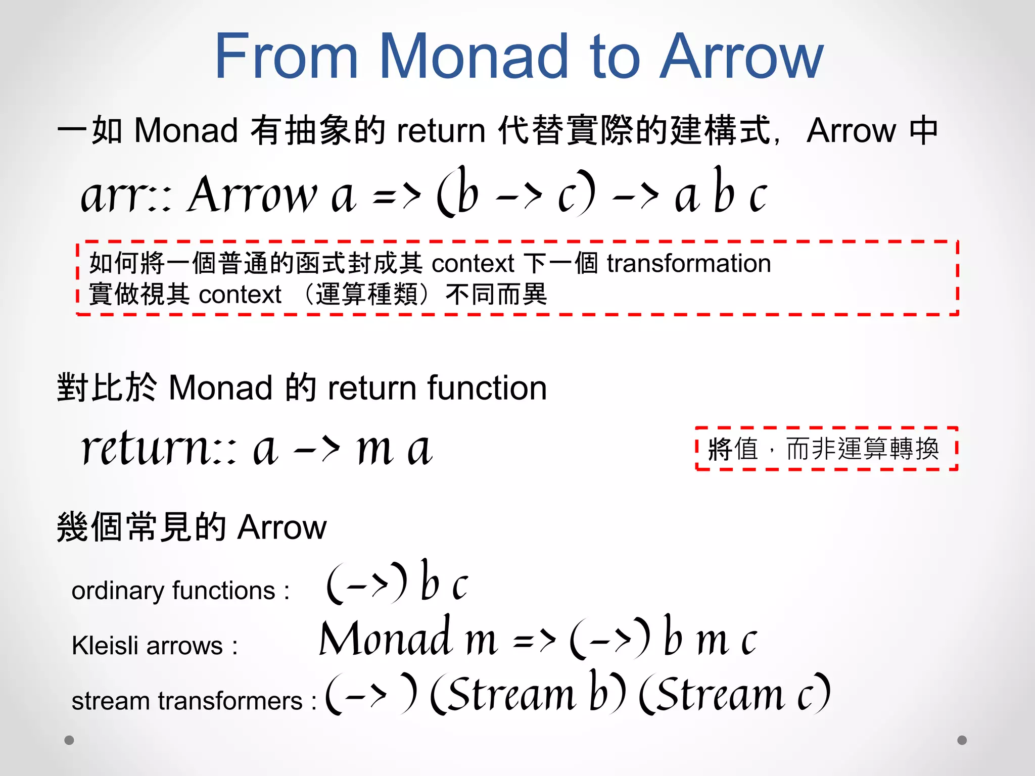 From Monad to Arrow
一如 Monad 有抽象的 return 代替實際的建構式，Arrow 中
arr:: Arrow a => (b -> c) -> a b c
如何將一個普通的函式封成其 context 下一個 transformation
實做視其 context （運算種類）不同而異
幾個常見的 Arrow
ordinary functions : (->) b c
Kleisli arrows : Monad m => (->) b m c
stream transformers : (-> ) (Stream b) (Stream c)
return:: a -> m a
對比於 Monad 的 return function
將值，而非運算轉換
 