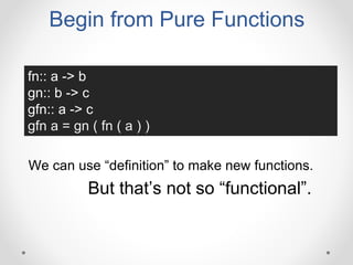 Begin from Pure Functions
fn:: a -> b
gn:: b -> c
gfn:: a -> c
gfn a = gn ( fn ( a ) )
We can use “definition” to make new functions.
But that’s not so “functional”.
 