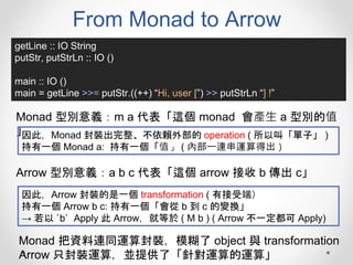 From Monad to Arrow
getLine :: IO String
putStr, putStrLn :: IO ()
main :: IO ()
main = getLine >>= putStr.((++) “Hi, user [”) >> putStrLn “] !”
Monad 型別意義：m a 代表「這個 monad 會產生 a 型別的值
」因此，Monad 封裝出完整、不依賴外部的 operation ( 所以叫「單子」 )
持有一個 Monad a: 持有一個「值」 ( 內部一連串運算得出）
Arrow 型別意義：a b c 代表「這個 arrow 接收 b 傳出 c」
因此，Arrow 封裝的是一個 transformation ( 有接受端）
持有一個 Arrow b c: 持有一個「會從 b 到 c 的變換」
→ 若以 `b` Apply 此 Arrow，就等於 ( M b ) ( Arrow 不一定都可 Apply)
Monad 把資料連同運算封裝，模糊了 object 與 transformation
Arrow 只封裝運算，並提供了「針對運算的運算」
 