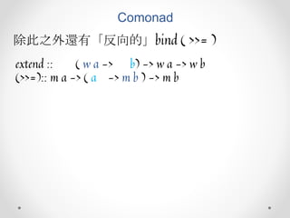 Comonad
除此之外還有「反向的」bind ( >>= )
extend :: ( w a -> b) -> w a -> w b
(>>=):: m a -> ( a -> m b ) -> m b
 