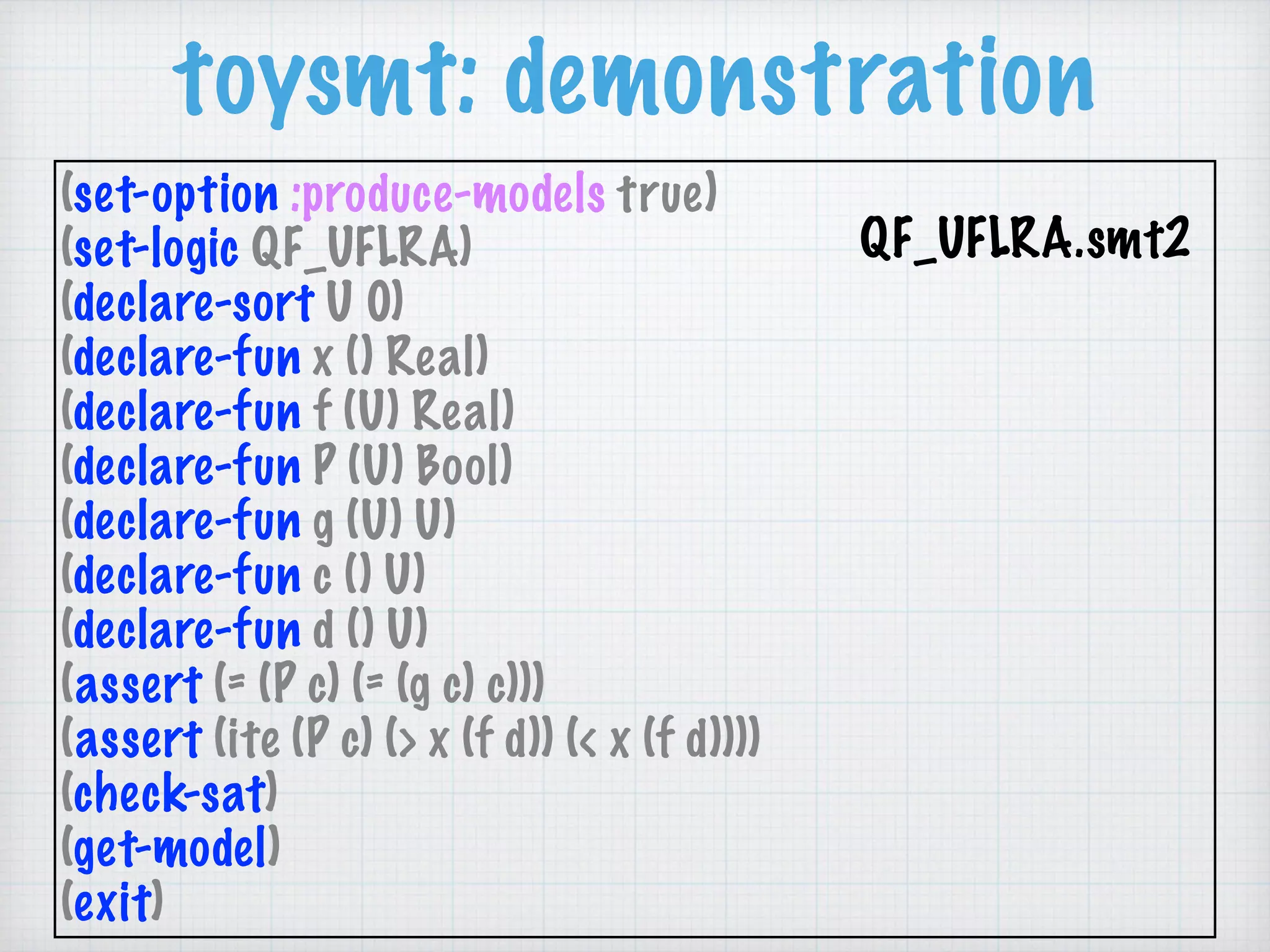 toysmt: demonstration
(set-option :produce-models true)
(set-logic QF_UFLRA)
(declare-sort U 0)
(declare-fun x () Real)
(declare-fun f (U) Real)
(declare-fun P (U) Bool)
(declare-fun g (U) U)
(declare-fun c () U)
(declare-fun d () U)
(assert (= (P c) (= (g c) c)))
(assert (ite (P c) (> x (f d)) (< x (f d))))
(check-sat)
(get-model)
(exit)
QF_UFLRA.smt2 
 