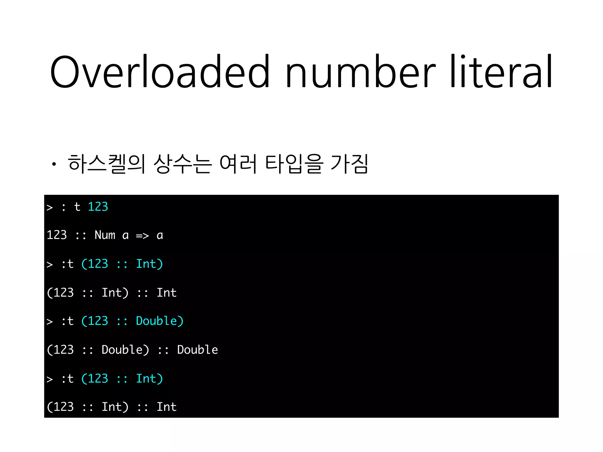 Overloaded number literal
• 하스켈의 상수는 여러 타입을 가짐
> : t 123
123 :: Num a => a
> :t (123 :: Int)
(123 :: Int) :: Int
> :t (123 :: Double)
(123 :: Double) :: Double
> :t (123 :: Int)
(123 :: Int) :: Int
 