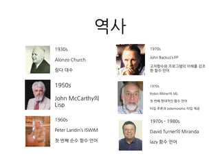역사
1930s
Alonzo Church
람다 대수
1950s
John McCarthy의
Lisp
1960s
Peter Landin’s ISWIM
첫 번째 순수 함수 언어
1970s
John Backus’s FP
고차함수와 프로그램의 이해를 강
조한 함수 언어
1970s
Robin Milner의 ML
첫 번째 현대적인 함수 언어
타입 추론과 polymorphic 타입 제공
1970s - 1980s
David Turner의 Miranda
lazy 함수 언어
 