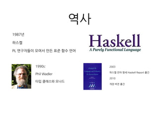 역사
1987년
하스켈
PL 연구자들이 모여서 만든 표준 함수 언어
1990s:
Phil Wadler
타입 클래스와 모나드
2003
하스켈 언어 명세 Haskell Report 출
간
2010
개정 버전 출간
 