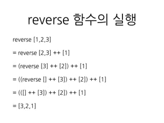 reverse 함수의 실행
reverse [1,2,3]
= reverse [2,3] ++ [1]
= (reverse [3] ++ [2]) ++ [1]
= ((reverse [] ++ [3]) ++ [2]) ++ [1]
= (([] ++ [3]) ++ [2]) ++ [1]
= [3,2,1]
 