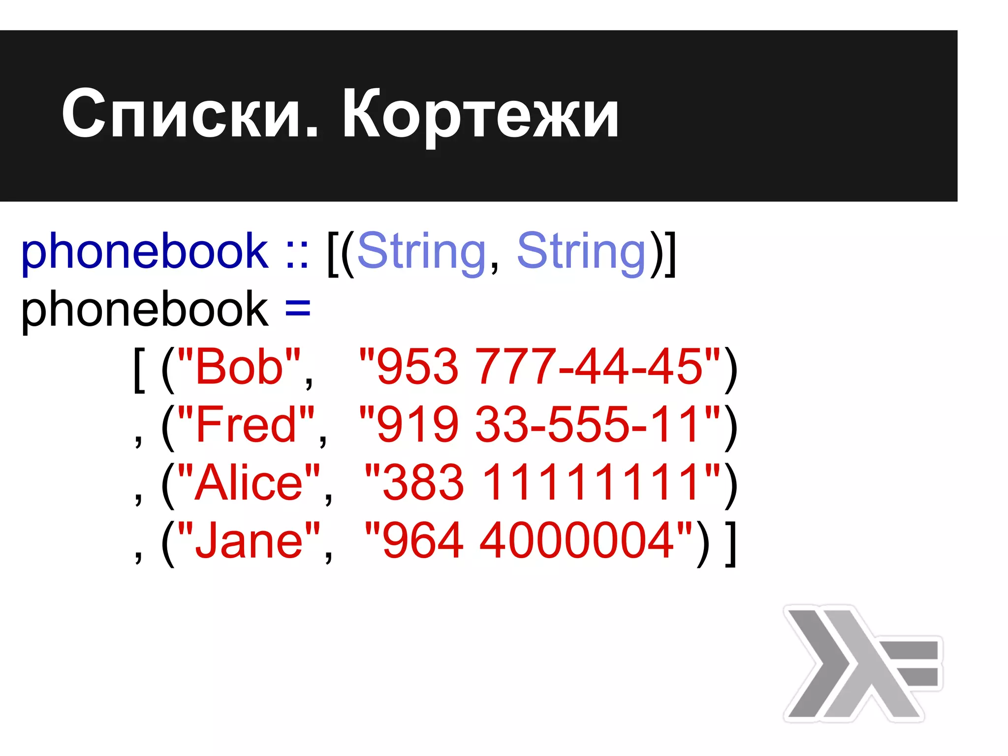Списки. Кортежи
phonebook :: [(String, String)]
phonebook =
[ ("Bob", "953 777-44-45")
, ("Fred", "919 33-555-11")
, ("Alice", "383 11111111")
, ("Jane", "964 4000004") ]
 