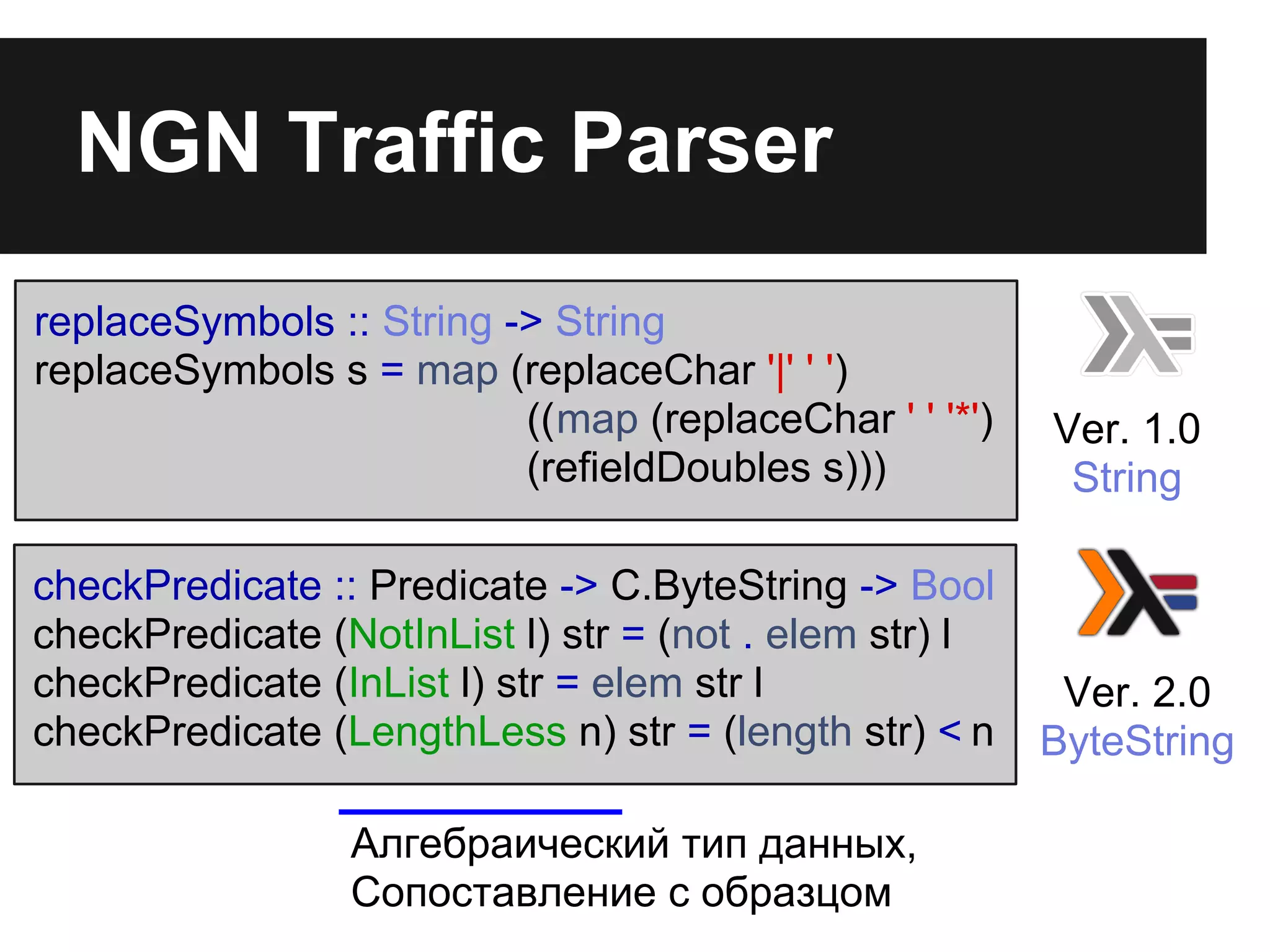 NGN Traffic Parser
checkPredicate :: Predicate -> C.ByteString -> Bool
checkPredicate (NotInList l) str = (not . elem str) l
checkPredicate (InList l) str = elem str l
checkPredicate (LengthLess n) str = (length str) < n
Алгебраический тип данных,
Сопоставление с образцом
replaceSymbols :: String -> String
replaceSymbols s = map (replaceChar '|' ' ')
((map (replaceChar ' ' '*')
(refieldDoubles s)))
Ver. 2.0
ByteString
Ver. 1.0
String
 
