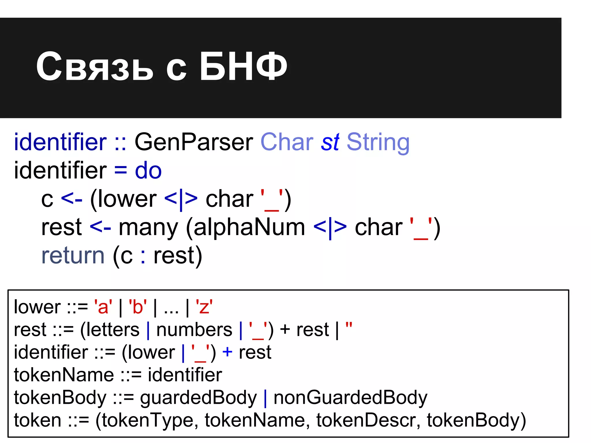 Связь с БНФ
lower ::= 'a' | 'b' | ... | 'z'
rest ::= (letters | numbers | '_') + rest | ''
identifier ::= (lower | '_') + rest
tokenName ::= identifier
tokenBody ::= guardedBody | nonGuardedBody
token ::= (tokenType, tokenName, tokenDescr, tokenBody)
identifier :: GenParser Char st String
identifier = do
c <- (lower <|> char '_')
rest <- many (alphaNum <|> char '_')
return (c : rest)
 