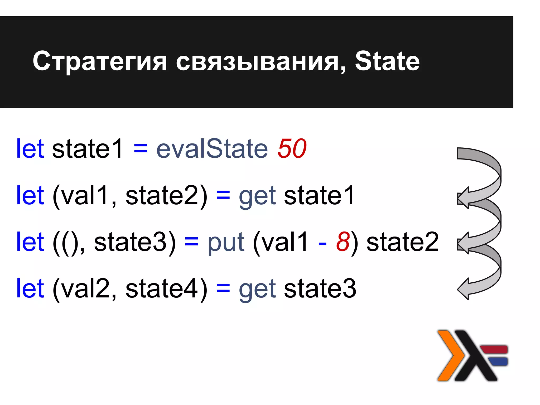 Стратегия связывания, State
let state1 = evalState 50
let (val1, state2) = get state1
let ((), state3) = put (val1 - 8) state2
let (val2, state4) = get state3
 
