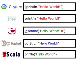 (println "Hello World!")
printfn "Hello World!"
io:format("Hello, World!~n").
putStrLn "Hello World!"
println("Hello World...