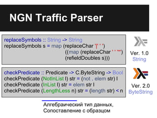 NGN Traffic Parser
checkPredicate :: Predicate -> C.ByteString -> Bool
checkPredicate (NotInList l) str = (not . elem str) l
checkPredicate (InList l) str = elem str l
checkPredicate (LengthLess n) str = (length str) < n
Алгебраический тип данных,
Сопоставление с образцом
replaceSymbols :: String -> String
replaceSymbols s = map (replaceChar '|' ' ')
((map (replaceChar ' ' '*')
(refieldDoubles s)))
Ver. 2.0
ByteString
Ver. 1.0
String
 