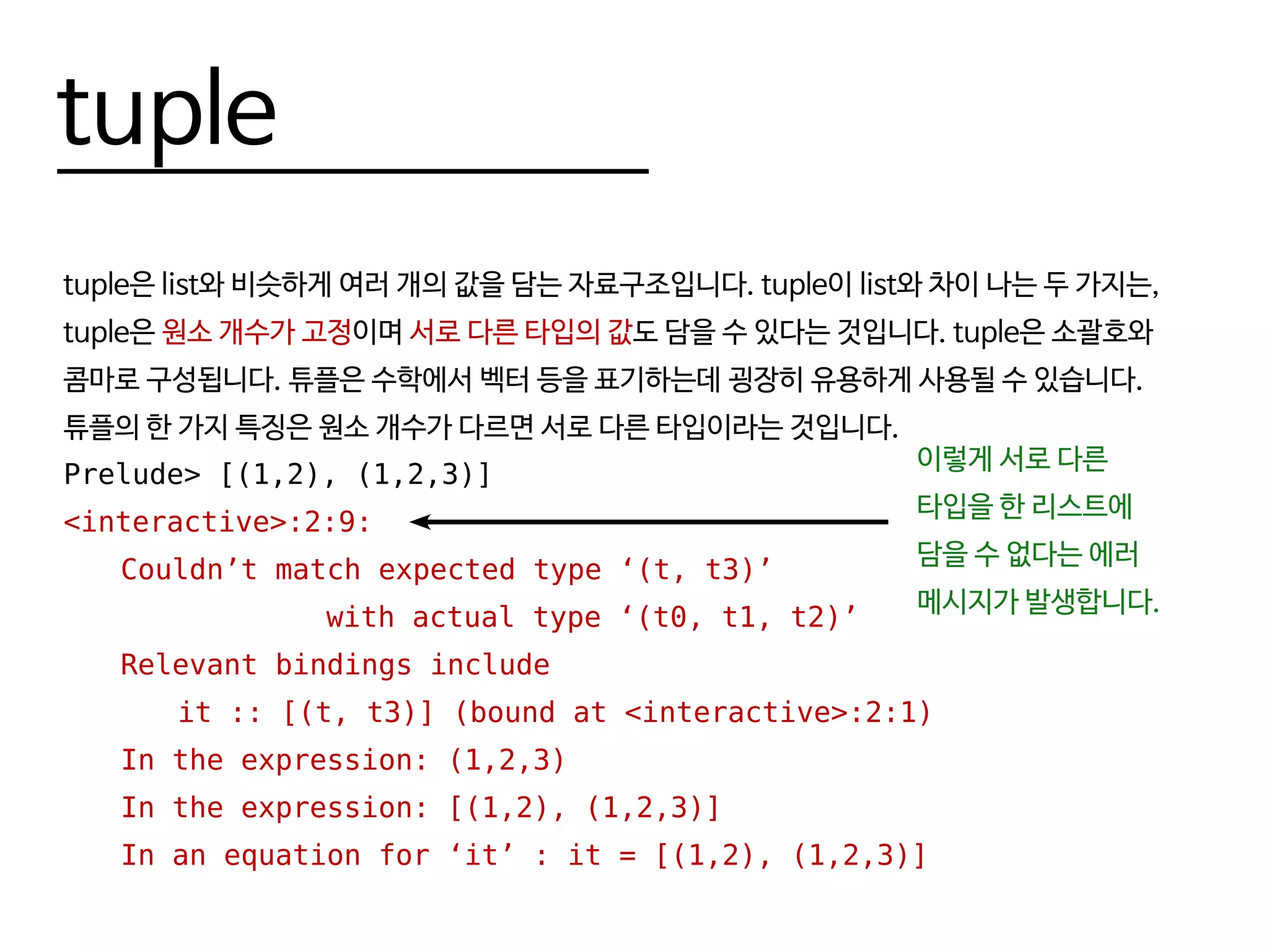 tuple
tuple은 list와 비슷하게 여러 개의 값을 담는 자료구조입니다. tuple이 list와 차이 나는 두 가지는,
tuple은 원소 개수가 고정이며 서로 다른 타입의 값도 담을 수 있다는 것입니다. tuple은 소괄호와
콤마로 구성됩니다. 튜플은 수학에서 벡터 등을 표기하는데 굉장히 유용하게 사용될 수 있습니다.
튜플의 한 가지 특징은 원소 개수가 다르면 서로 다른 타입이라는 것입니다.
Prelude> [(1,2), (1,2,3)]
<interactive>:2:9:
	 Couldn’t match expected type ‘(t, t3)’
				 with actual type ‘(t0, t1, t2)’
	 Relevant bindings include
		 it :: [(t, t3)] (bound at <interactive>:2:1)
	 In the expression: (1,2,3)
	 In the expression: [(1,2), (1,2,3)]
	 In an equation for ‘it’ : it = [(1,2), (1,2,3)]
이렇게 서로 다른
타입을 한 리스트에
담을 수 없다는 에러
메시지가 발생합니다.
 