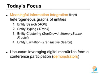 Today’s Focus
Meaningful information integration from
heterogeneous graphs of entities
1. Entity Search (AOR)
2. Entity Typing (TRank)
3. Entity Clustering (ZenCrowd, MemorySense,
Predict)
4. Entity Elicitation (Transactive Search)
Use-case: leveraging digital mem0r1es from a
conference participation (demonstrators)
 