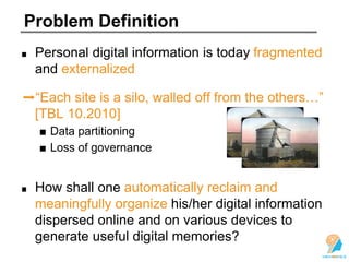 Problem Definition
Personal digital information is today fragmented
and externalized
➡“Each site is a silo, walled off from the others…”
[TBL 10.2010]
■ Data partitioning
■ Loss of governance
How shall one automatically reclaim and
meaningfully organize his/her digital information
dispersed online and on various devices to
generate useful digital memories?
 