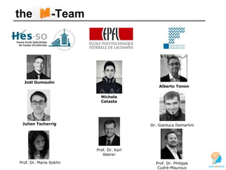 the -Team
Prof. Dr. Philippe
Cudré-Mauroux
Prof. Dr. Karl
Aberer
Prof. Dr. Maria Sokhn
Julien Tscherrig
Joël Dumoulin
Michele
Catasta
Dr. Gianluca Demartini
Alberto Tonon
 
