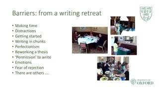 Barriers: from a writing retreat
• Making time
• Distractions
• Getting started
• Writing in chunks
• Perfectionism
• Rewo...