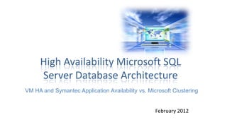 High Availability Microsoft SQL
     Server Database Architecture
VM HA and Symantec Application Availability vs. Microsoft Clustering


                                                   February 2012
 