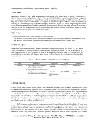 Simposium Pendidikan diPeribadikan: Perspektif Risalah An-Nur ( SPRiN2017)
Kesepaduan Elemen Analogi Dan Teknologi Maklumat Dalam Modul Sains (e-SMART) Bagi Menerapkan
Kemahiran Berfikir Kreatif Murid Di Abad 21
4
Tujuan Kajian
Berdasarkan huraian di atas, maka kajian pembangunan modul sains dalam talian (e-SMART=Electronic-5E-
Science-Module-using Analogy-infuse cReative-Thinking skill) ini bertujuan mempelbagaikan strategi pengajaran
guru bagi menerapkan kemahiran berfikir kreatif murid. Sasaran pengguna modul ini ialah guru sains dan murid
tingkatan 2. Aktiviti-aktiviti dalam modul ini dibangunkan berdasarkan kepada kombinasi elemen analogi dengan
teknologi ICT bagi mencapai objektif pembelajaran yang ditentukan. Kajian reka bentuk dan pembangunan modul
ini memfokuskan kepada proses pembangunan modul yang melibatkan beberapa fasa iaitu; fasa analisis keperlu an,
fasa reka bentuk dan pembangunan, fasa pelaksanaan dan fasa penilaian (Branch 2009). Kertas kajian ini hanya
membincangkan dapatan kajian bagi fasa penilaian sahaja.
Objektif Kajian
Terdapat dua objektif kajian yang dibentangkan dalam kajian ini:
a) Menilai kebolehgunaan aktiviti modul dalam membantu guru menerapkan kemahiran berfikir kreatif murid.
b) Menilai kebolehgunaan modul terhadap tahap penguasaan kemahiran berfikir kreatif murid
Pelaksanaan Kajian
Pelaksanaan kajian ini ke atas proses pembangunan modul mengambil ubahsuaian reka bentuk ADDIE (Branch
2009) yang melibatkan beberapa fasa iaitu; (i) fasa analisis, (ii) fasa reka bentuk, (iii) fasa pembangunan, (iv)
fasa pelaksanaan dan (v) fasa penilaian, di mana ia melibatkan peserta kajian yang berbeza bagi fasa- fasa
tertentu. Untuk kertas kajian ini, dapatan kajian hanya menfokus kepada fasa penilaian seperti ditunjukkan
dalam Jadual 1.
Jadual 1 : Metodologi kajian berdasarkan fasa penilaian kajian
Fasa Objektif kajian Peserta kajian Kaedah Instrumen
Penilaian
(Evaluation)
a) Menilai kebolehgunaan aktiviti modul
dalam membantu guru menerapkan
kemahiran berfikir kreatif murid.
b) Menilai kebolehgunaan modul terhadap
tahap penguasaan kemahiran berfikir
kreatif murid bagi konstruk menjana
idea, menghubungkait dan menganalogi
1 guru SM A
1 guru SM B
6 murid SM A
6 murid SM B
(baik,sederhanadan
lemah)
Refleksi guru
Hasil kerja murid
Borang refleksi
Lembaran kerja
murid
METODOLOGI
Kaedah kajian kes digunakan dalam fasa ini bagi menjawab persoalan kajian berkaitan kebolehgunaan modul
e-SMART terhadap penerapan kemahiran berfikir kreatif murid semasa sesi pengajaran dan pembelajaran dijalankan.
Pendekatan triangulasi kaedah bercampur (mix-method) digunakan bagi pengumpulan data di mana dapatan daripada
data kualitatif diperkayakan dengan dapatan dari data kuantitatif (Creswell 2009; Creswell & Plano 2011).
Pengumpulan data dalam fasa ini melibatkan pelbagai sumber yang dapat memberikan hasil kajian kes yang bagus
(Yin 2011). Kaedah untuk mendapatkan data kualitatif dalam fasa penilaian ini ialah melalui refleksi guru,
pemerhatian murid dan penilaian hasil kerja murid.
Refleksi guru dilakukan selepas pengajaran dan pembelajaran dilaksanakan di dalam kelas di mana guru
berbincang bersama penyelidik perkara mengenai proses pengajaran dan pembelajaran yang telah dilakukan. Kaedah
penilaian refleksi ini telah dilakukan oleh Zanaton dan rakan-rakan (2015) dalam kajian Lesson Study. Pemerhatian
terhadap murid pula dijalankan dengan membuat rakaman video bagi melihat bagaimana murid menjana idea iaitu
menjawab soalan yang disoal guru. Instrumen penilaian kemahiran berfikir kreatif digunakan juga semasa
 