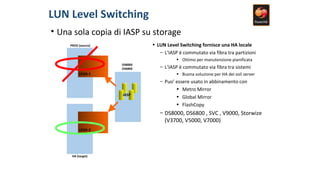 LUN Level Switching
• Una sola copia di IASP su storage
IASP
DS8000
DS6800
PROD (source)
LPAR-1
HA (target)
LPAR-2
• LUN Level Switching fornisce una HA locale
– L’IASP è commutato via fibra tra partizioni
• Ottimo per manutenzione pianificata
– L’IASP è commutato via fibra tra sistemi
• Buona soluzione per HA dei soli server
– Puo’ essere usato in abbinamento con
• Metro Mirror
• Global Mirror
• FlashCopy
– DS8000, DS6800 , SVC , V9000, Storwize
(V3700, V5000, V7000)
 