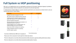 Full System vs IASP positioning
Functionality IASP Full System
Integrated automation/management from IBM i  *
IBM i based recovery for Data/Commitment control etc  
FlashCopy saves for scheduled outage reduction (full
system flash requires an IPL to save the data to tape)
 *
Minimize bandwidth requirements 
Minimize performance overhead of sync replication ( not
replicating temporary I/O, savf’s etc )

Provide capability to do PTF, operating system, and
software packages concurrent to production

Active host at HA/DR ( hardware error reporting ) 
Outage management requires IPL processing 
No IASP migration required 
* Via Lab Services tools
Il servizio di LAB Services IBM avrà il compito di:
•Assicurarsi che la soluzione incontri gli SLA richiesti dal cliente
•Fornire indicazioni sul corretto dimensionamento della soluzione a garanzia delle performance attese.
•Fornire indicazioni sul corretto dimensionamento della banda di replica
Nei casi in cui l’applicazione non sia I-aspizzabile la soluzione di Full system replication bypassa il problema
permettendo ad ogni cliente di realizzare una soluzione di continuità operativa
E’ relativamente semplice Migrare a questa soluzione partendo da una soluzione con dischi interni o da una
soluzione già attiva di replica logica.
 
