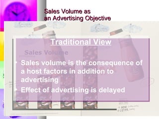 Sales Volume as  an Advertising Objective Traditional View Sales volume is the consequence of a host factors in addition to advertising Effect of advertising is delayed 