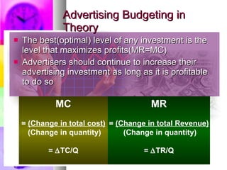 Advertising Budgeting in Theory The best(optimal) level of any investment is the level that maximizes profits(MR=MC) Advertisers should continue to increase their advertising investment as long as it is profitable to do so MC =  (Change in total cost) (Change in quantity)  =   TC/Q MR =  (Change in total Revenue) (Change in quantity)  =   TR/Q 