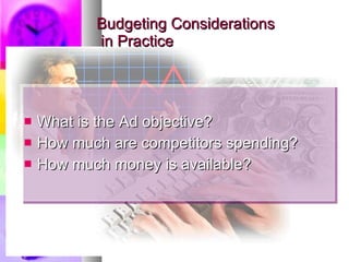 Budgeting Considerations  in Practice What is the Ad objective? How much are competitors spending? How much money is available? 