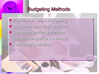 Budgeting Methods Percent-of-Sales Budgeting Objective-and-Task Method Competitive Parity Method  (match competitors method) Affordability Method 
