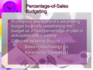 Percentage-of-Sales Budgeting A company sets a brand’s advertising budget by simply establishing the budget as a fixed percentage of past or anticipated sales volume Criticized as being illogical Sales= f (Advertising) (o) Advertising= f (Sales) (x) 