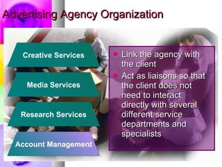 Advertising Agency Organization Link the agency with the client Act as liaisons so that the client does not need to interact directly with several different service departments and specialists Creative Services Account Management Media Services Research Services 