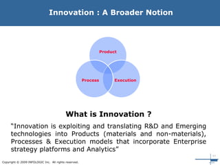 11
Copyright © 2009 INFOLOGIC Inc. All rights reserved.
Innovation : A Broader Notion
What is Innovation ?
“Innovation is exploiting and translating R&D and Emerging
technologies into Products (materials and non-materials),
Processes & Execution models that incorporate Enterprise
strategy platforms and Analytics”
Product
ExecutionProcess
 