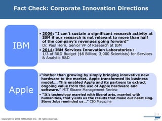 13
Copyright © 2009 INFOLOGIC Inc. All rights reserved.
Fact Check: Corporate Innovation Directions
• 2006: “I can’t sustain a significant research activity at
IBM if our research is not relevant to more than half
of the company’s revenues going forward”
Dr. Paul Horn, Senior VP of Research at IBM
• 2014: IBM Services Innovation Laboratories :
1/3 of R&D Budget ($6 Billion; 3,000 Scientists) for Services
& Analytic R&D
IBM
•“Rather than growing by simply bringing innovative new
hardware to the market, Apple transformed its business
model…. This enabled Apple and its partners to extract
ongoing value from the use of Apple hardware and
software.” MIT Sloane Management Review
• “It’s technology married with liberal arts, married with
humanities, that yields us the results that make our heart sing.
Steve Jobs reminded us ..” CIO Magazine
Apple
 
