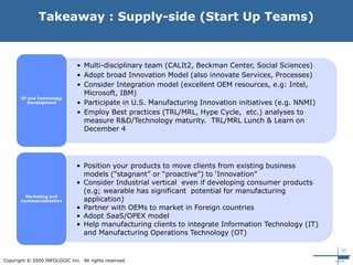 30
Copyright © 2009 INFOLOGIC Inc. All rights reserved.
Takeaway : Supply-side (Start Up Teams)
• Multi-disciplinary team (CALIt2, Beckman Center, Social Sciences)
• Adopt broad Innovation Model (also innovate Services, Processes)
• Consider Integration model (excellent OEM resources, e.g: Intel,
Microsoft, IBM)
• Participate in U.S. Manufacturing Innovation initiatives (e.g. NNMI)
• Employ Best practices (TRL/MRL, Hype Cycle, etc.) analyses to
measure R&D/Technology maturity. TRL/MRL Lunch & Learn on
December 4
IP and Technology
Development
• Position your products to move clients from existing business
models (“stagnant” or “proactive”) to ‘Innovation”
• Consider Industrial vertical even if developing consumer products
(e.g; wearable has significant potential for manufacturing
application)
• Partner with OEMs to market in Foreign countries
• Adopt SaaS/OPEX model
• Help manufacturing clients to integrate Information Technology (IT)
and Manufacturing Operations Technology (OT)
Marketing and
Commercialization
 