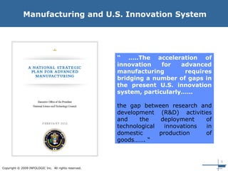5
Copyright © 2009 INFOLOGIC Inc. All rights reserved.
Manufacturing and U.S. Innovation System
“ …..The acceleration of
innovation for advanced
manufacturing requires
bridging a number of gaps in
the present U.S. innovation
system, particularly……
the gap between research and
development (R&D) activities
and the deployment of
technological innovations in
domestic production of
goods……. “
 