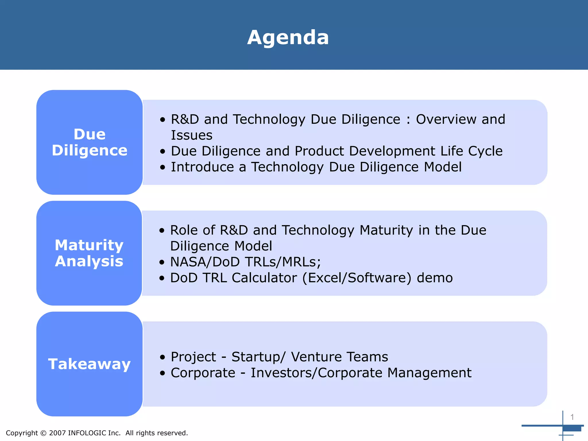 1
Copyright © 2007 INFOLOGIC Inc. All rights reserved.
Agenda
• R&D and Technology Due Diligence : Overview and
Issues
• Due Diligence and Product Development Life Cycle
• Introduce a Technology Due Diligence Model
Due
Diligence
• Role of R&D and Technology Maturity in the Due
Diligence Model
• NASA/DoD TRLs/MRLs;
• DoD TRL Calculator (Excel/Software) demo
Maturity
Analysis
• Project - Startup/ Venture Teams
• Corporate - Investors/Corporate Management
Takeaway
 