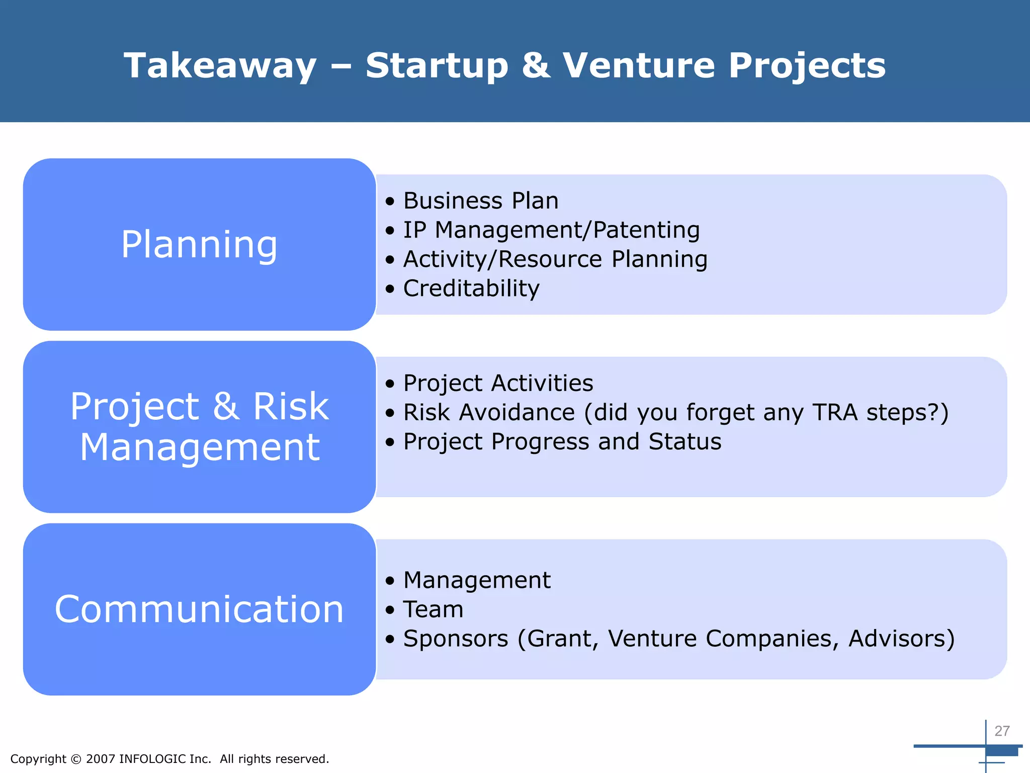 27
Copyright © 2007 INFOLOGIC Inc. All rights reserved.
Takeaway – Startup & Venture Projects
• Business Plan
• IP Management/Patenting
• Activity/Resource Planning
• Creditability
Planning
• Project Activities
• Risk Avoidance (did you forget any TRA steps?)
• Project Progress and Status
Project & Risk
Management
• Management
• Team
• Sponsors (Grant, Venture Companies, Advisors)
Communication
 